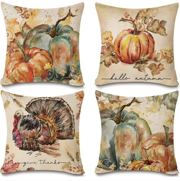 Other - SET 4 Thanksgiving turkey pumpkins watercolor pillows pillowcovers pillowcase